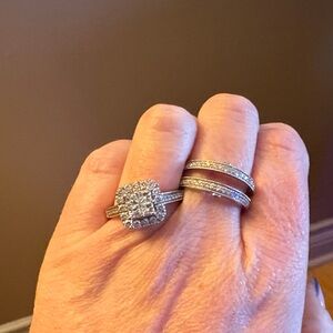 Sterling-Style White Crystal Halo Engagement Ring Set